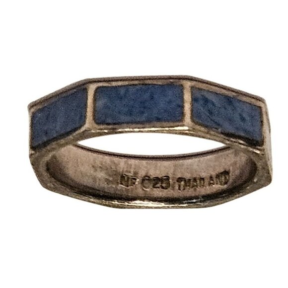 Sterling Silver Ring Toe Pinky W/ Blue Enamel Inlay Octagon - Picture 8 of 9